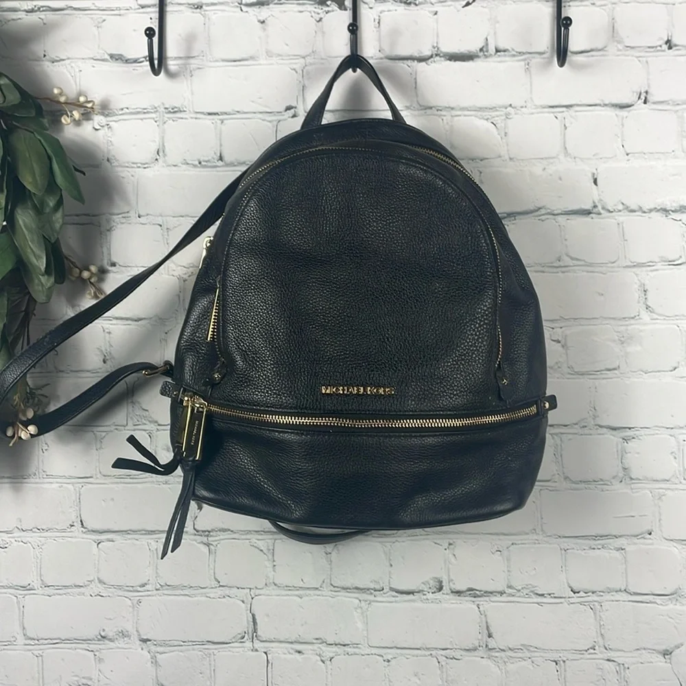 MICHAEL KORS Black Pebbled Leather Small Rhea Backpack - Picture 2 of 11